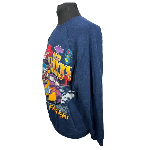 VINTAGE 90's UNISEX Blue Speed Limit Seventy "Old Chevy's Never Die" Pullover - Picture 6 of 8